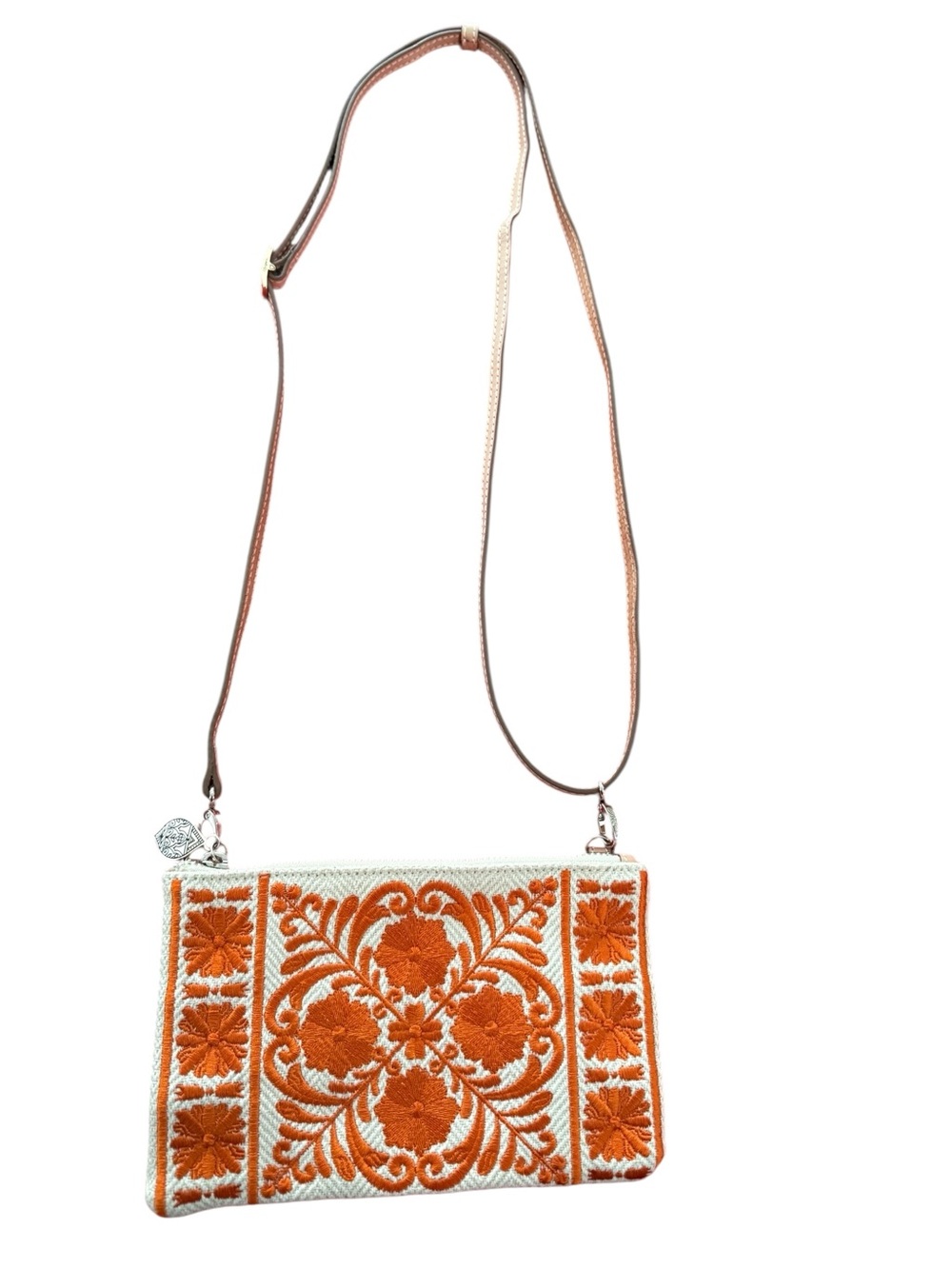 Brighton Orange Embroidered Leather Strap Crossbody Clutch Boho Bag